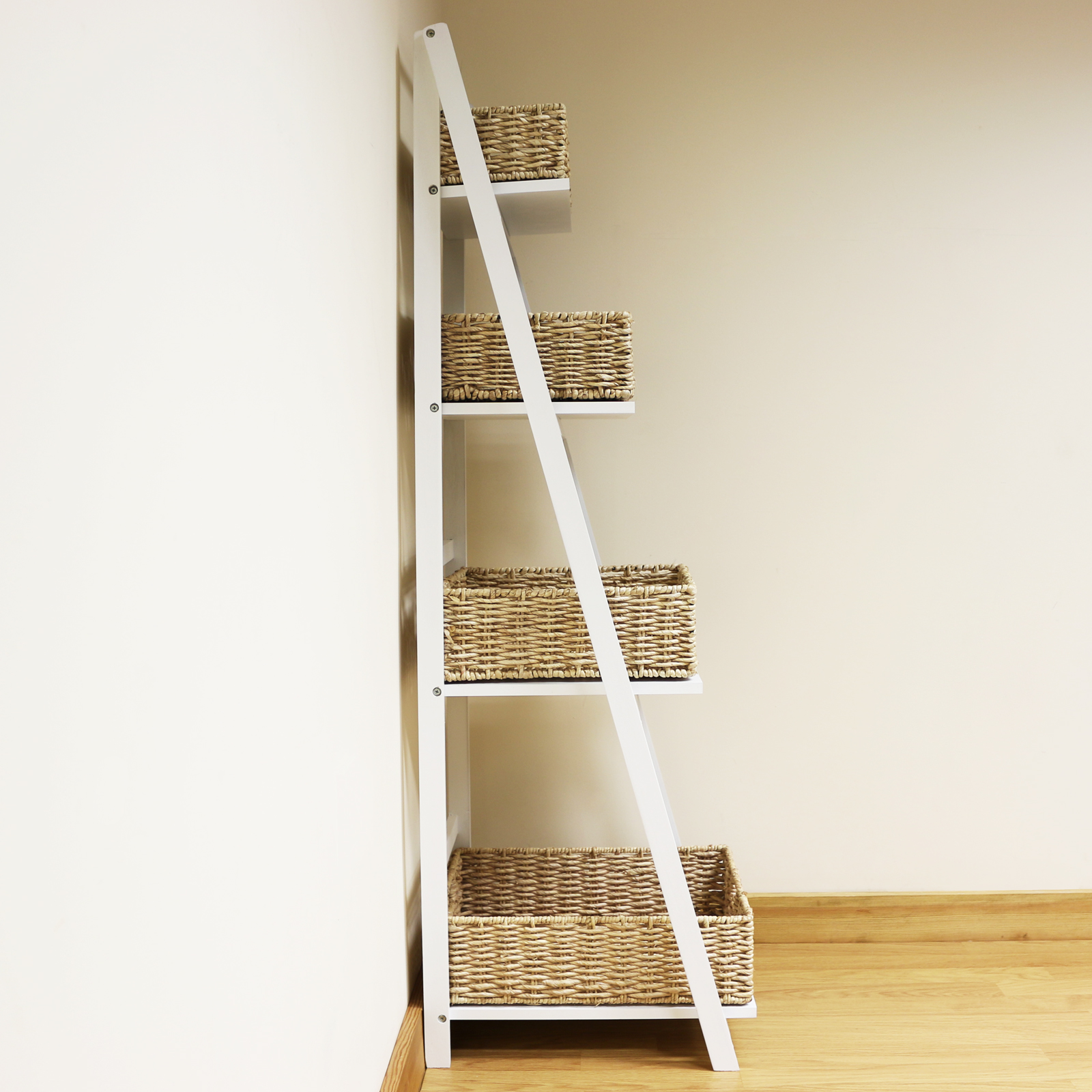 White 4 Tier Wooden Ladder Shelf Display Unit & Natural Wicker Storage